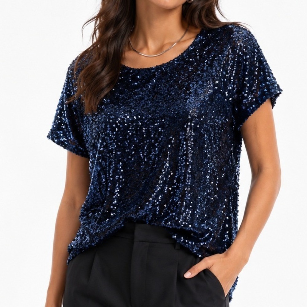 White House Black Market Glam Navy Blue Sequin Short Sleeve Blouse Top Medium
